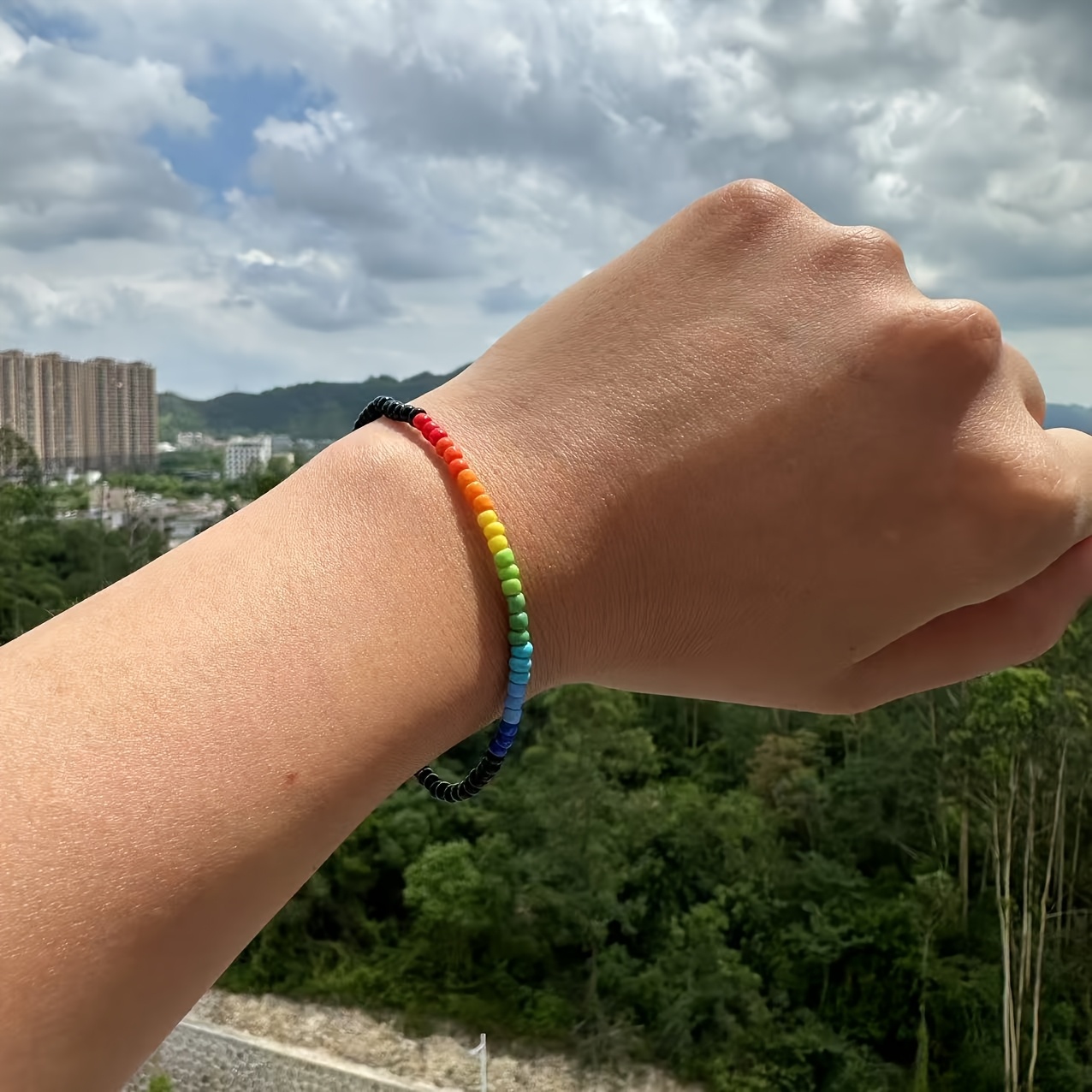 2pcs Rainbow Beaded Stretch Bracelets Colorful Boho Elastic Bangle Set
